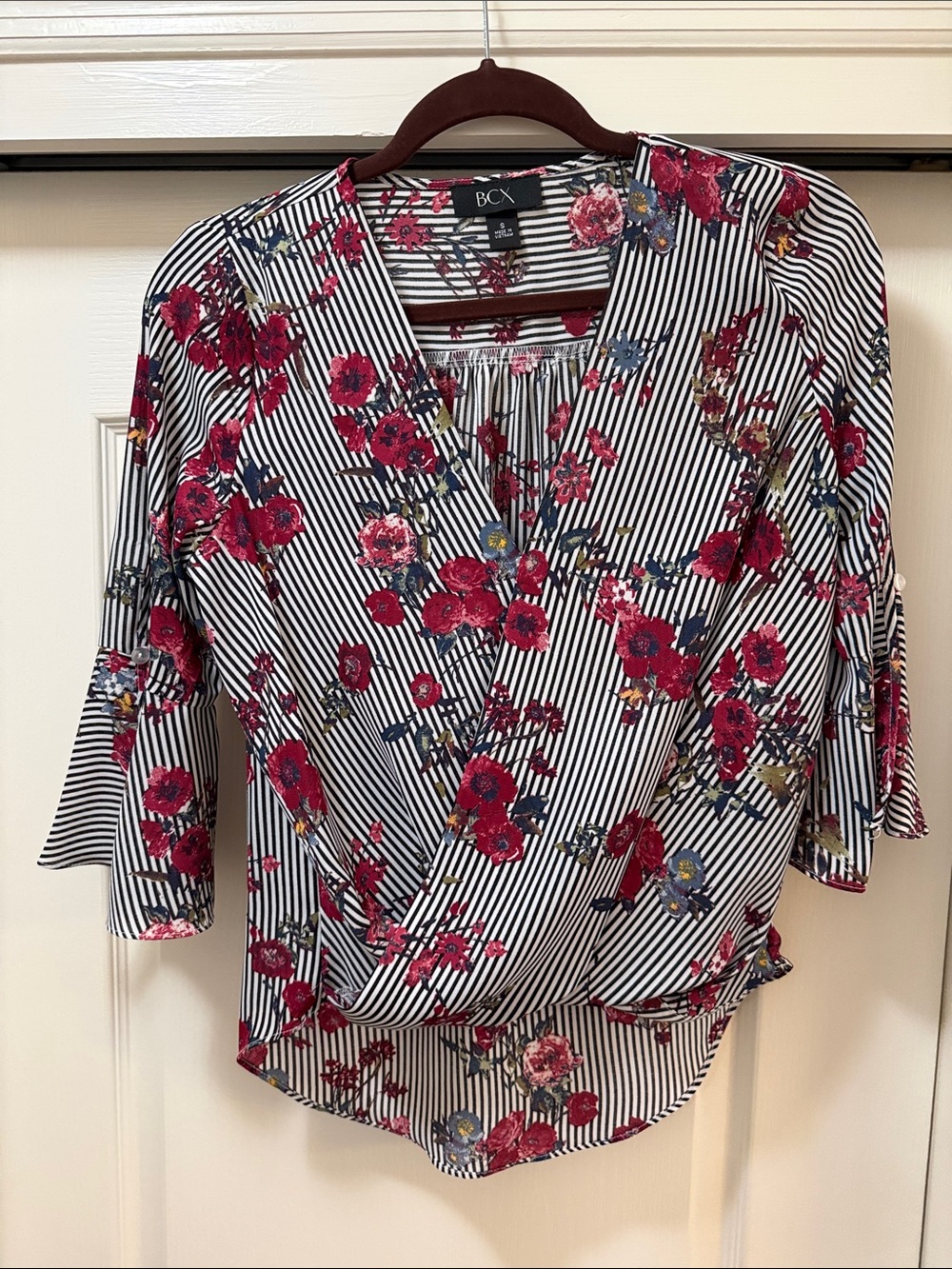 BCX Women's Navy Stripe Floral Wrap Blouse - Red & Blue Floral